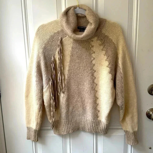 IB Diffusion WESTERN women’s knit sweater with fringe & lacing cream tan Sz M - Picture 2 of 8